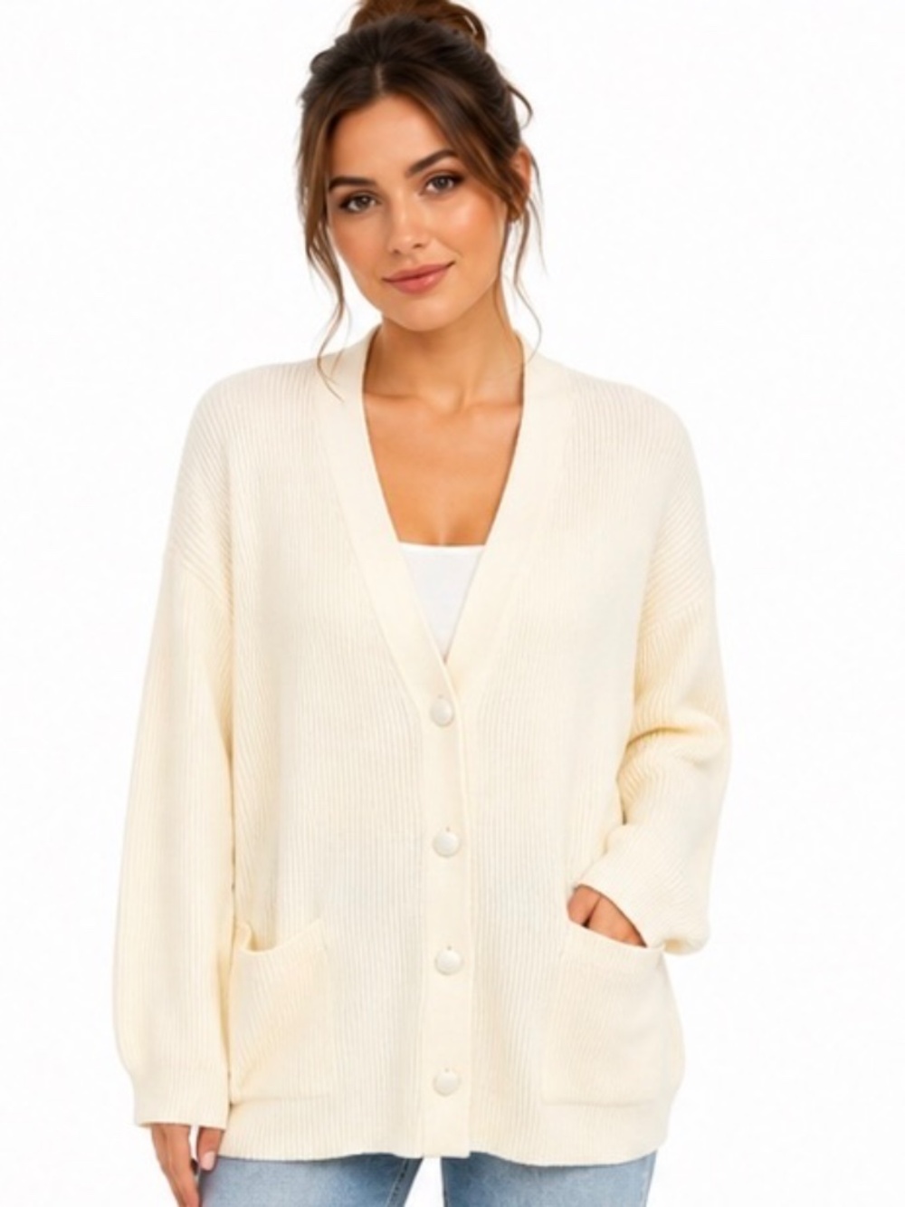 Bobbie Brooks Women's 22W 24W Cream Ribbed Button‎ Front Cardigan Sweater